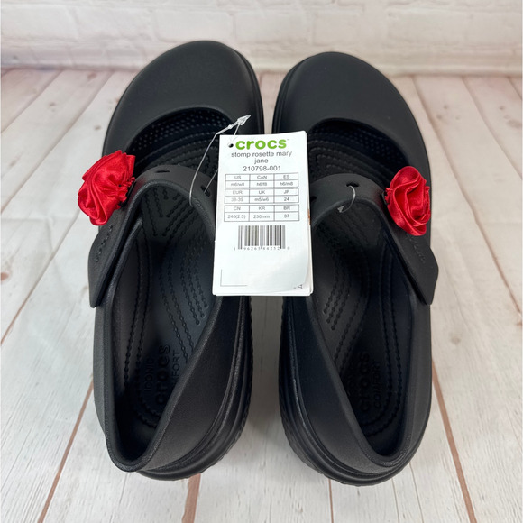 Crocs Stomp Rosette Mary Jane Black Red Rose Platform Clog Sandals M Sz 6/W Sz 8 - Picture 7 of 9